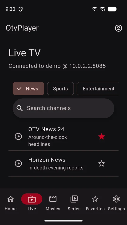 OtvPlayer screen